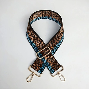 Close-up of geometric ethnic embroidery on adjustable wide replacement bag strap with gold hooks