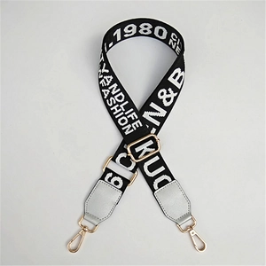 Detail of adjustable nylon shoulder strap with fashion letters and gold metal hardware hooks