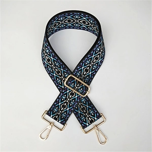 Adjustable bohemian wide shoulder strap for bags with blue ethnic geometric patterns