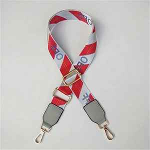 Detail of adjustable woven shoulder strap with letter print and gold hardware buckles