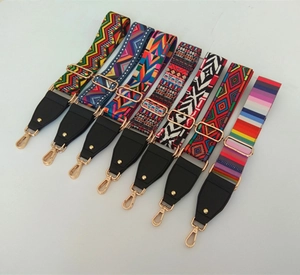 Ethnic bohemian style adjustable wide shoulder straps with gold metal hooks and leather detail