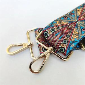Ethnic bohemian style colorful wide bag strap with light gold metal swivel hooks