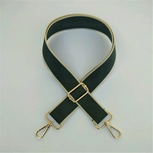 Adjustable dark green and beige strap with golden metal hooks for crossbody bags