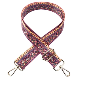 Ethnic style adjustable wide shoulder strap with geometric patterns and gold metal buckles