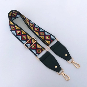 Close-up of geometric ethnic pattern weaving on a wide adjustable bag shoulder strap
