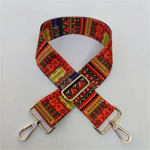 Close-up of colorful ethnic pattern canvas bag strap with gold metal buckle No. 27