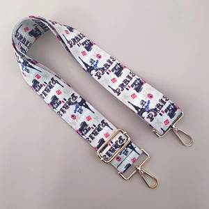 Adjustable ethnic style bag strap with Paris Eiffel Tower patterns and gold metal hooks