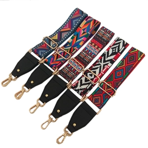 Adjustable ethnic style bag straps with geometric patterns and gold metal buckles