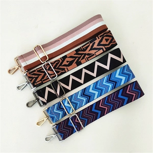 Adjustable wide replacement bag straps with colorful geometric patterns and metal hooks