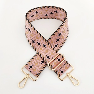 Pink bohemian embroidered wide bag strap with adjustable gold hardware and bird motifs