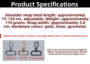 Detail of adjustable embroidered bag strap hardware in gold, silver, and gunmetal finishes