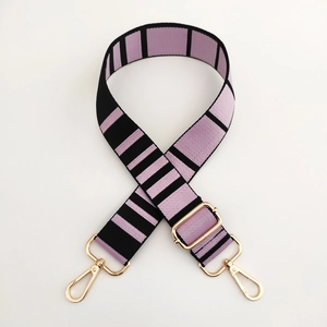 Adjustable purple and black striped wide shoulder strap with gold metal lobster clasps