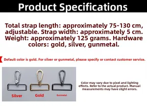 Detail showing 5cm wide adjustable strap with silver, gold, and gunmetal metal buckles
