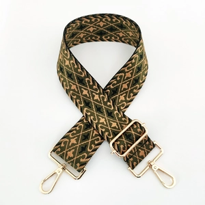 Detail of adjustable geometric jacquard shoulder strap with gold metal lobster clasps