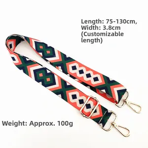 Ethnic geometric pattern bag strap detail with adjustable gold hardware and 3.8cm width