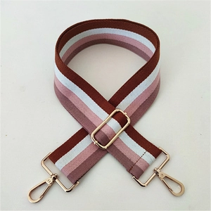 Adjustable woven nylon wide bag strap with colorful stripes and gold metal hardware