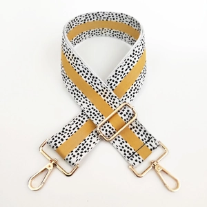 Close-up of a 5cm wide adjustable woven bag strap with yellow stripes and metal hooks