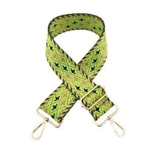 Adjustable green jacquard nylon wide shoulder strap with gold metal hooks for handbags