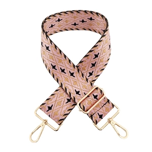 Pink jacquard nylon wide shoulder strap with black bird pattern and gold metal hooks