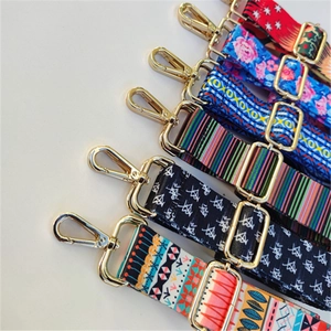 Ethnic style adjustable shoulder strap with colorful patterns and golden metal hooks