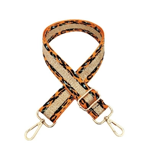 Adjustable crossbody strap with orange leopard print pattern and gold metal hooks
