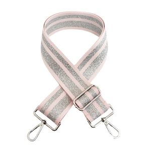 Close-up of pink replacement strap with silver glitter stripes and polished metal hooks