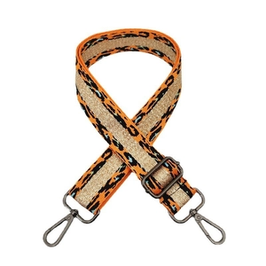Adjustable leopard print bag strap with orange and blue accents and gold metallic thread