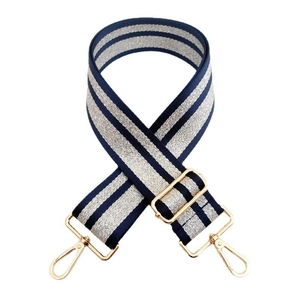 Adjustable dark blue and silver glitter striped bag strap with gold metal lobster hooks