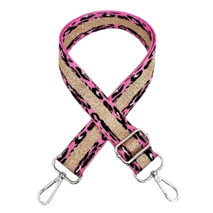 Close-up of pink leopard print thick woven shoulder strap with silver metal carabiners