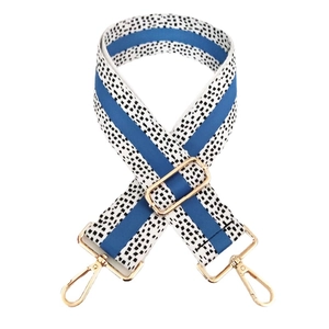 Adjustable 5cm wide bag strap with blue stripes and black-white polka dots and gold hooks