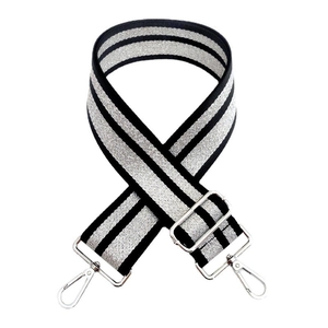 Close-up of adjustable silver stripe wide shoulder strap with metal swivel snap hooks
