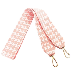 Wide houndstooth fabric bag strap in pink and white with gold lobster clasps