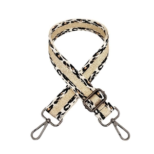 Detail of 3.8cm leopard print bag strap with gold metallic thread and grey metal hooks
