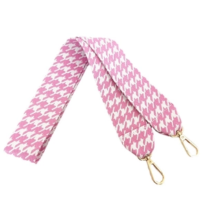 Pink and white houndstooth wide shoulder strap for handbags with gold metal hooks