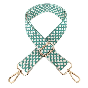 Adjustable green and white geometric jacquard woven shoulder strap with gold metal buckles