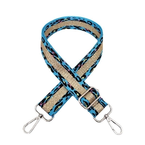 Detail of blue leopard jacquard bag strap with gold glitter stripe and silver lobster clasps