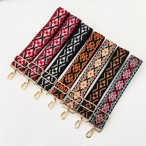 Detail of ethnic jacquard wide bag straps with vintage patterns and gold metal buckles