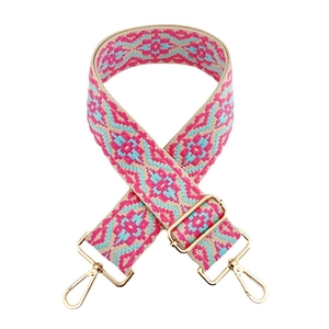 Ethnic bohemian style jacquard wide bag strap with pink geometric pattern and gold clips