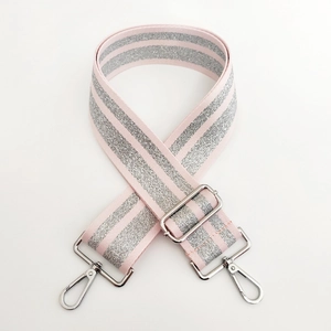 Detail of adjustable pink and silver striped replacement shoulder strap with metal hooks