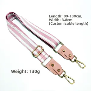 Adjustable 3.8cm wide pink and white striped shoulder strap with gold metal hooks