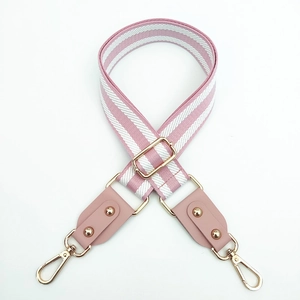 Pink and white striped wide shoulder strap with gold-tone swivel lobster clasps and leather ends