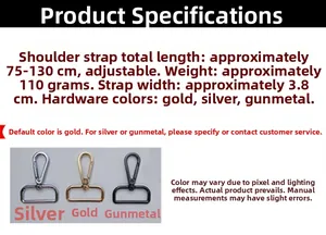 Adjustable 3.8cm shoulder strap with rotatable D-hooks in gold, silver, and gunmetal finishes