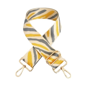Adjustable nylon shoulder strap with yellow stripes and gold metal swivel clasps