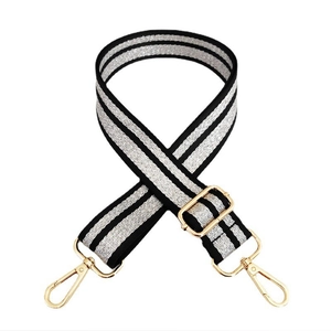 3.8cm adjustable nylon bag strap with silver stripes and golden swivel lobster clasps