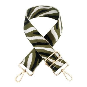Adjustable wide replacement strap with green and black zebra pattern and gold metal hooks