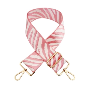 Pink and white zebra pattern wide adjustable shoulder strap with gold metal hardware
