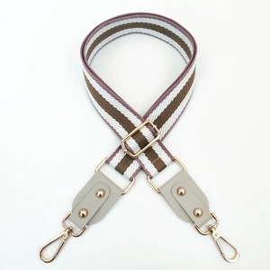 Close-up of adjustable striped bag strap with gold hooks and braided texture details