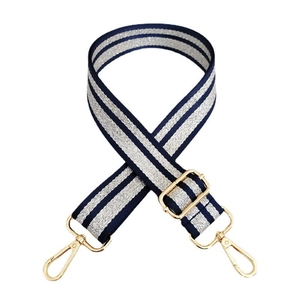 Close-up of adjustable striped strap with silver threads and gold metal clasps