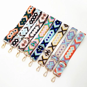 Adjustable Wide Shoulder Bag Strap Replacement Ethnic Geometric Pattern Polyester Webbing With Gold Metal Hooks For Crossbody Bags