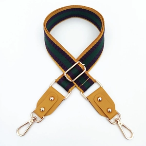Detail of adjustable bag strap with colorful stripes and gold-tone metal swivel hooks